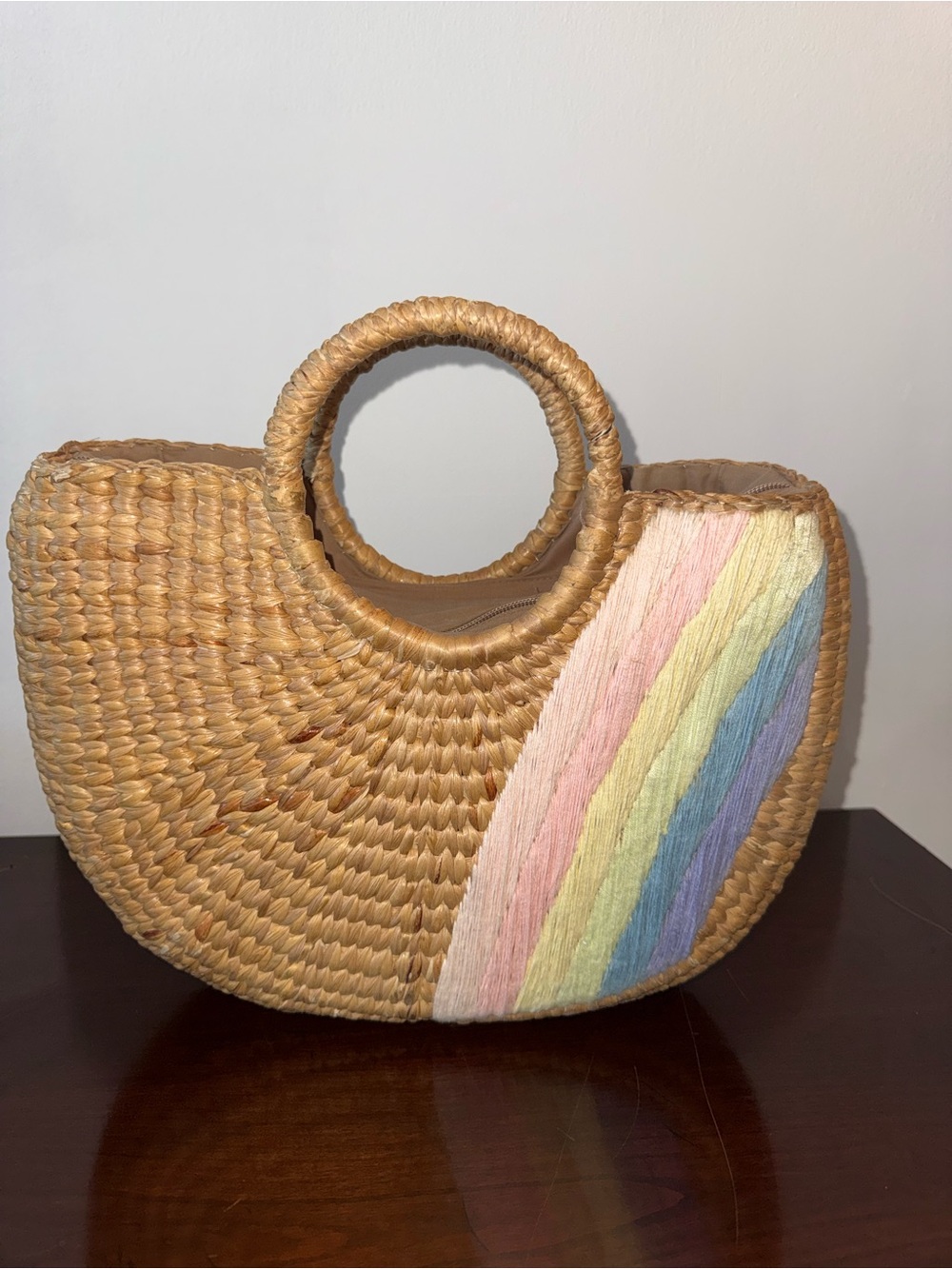 Woven Straw Crescent Tote with Pastel Rainbow Detail - Picture 2 of 7